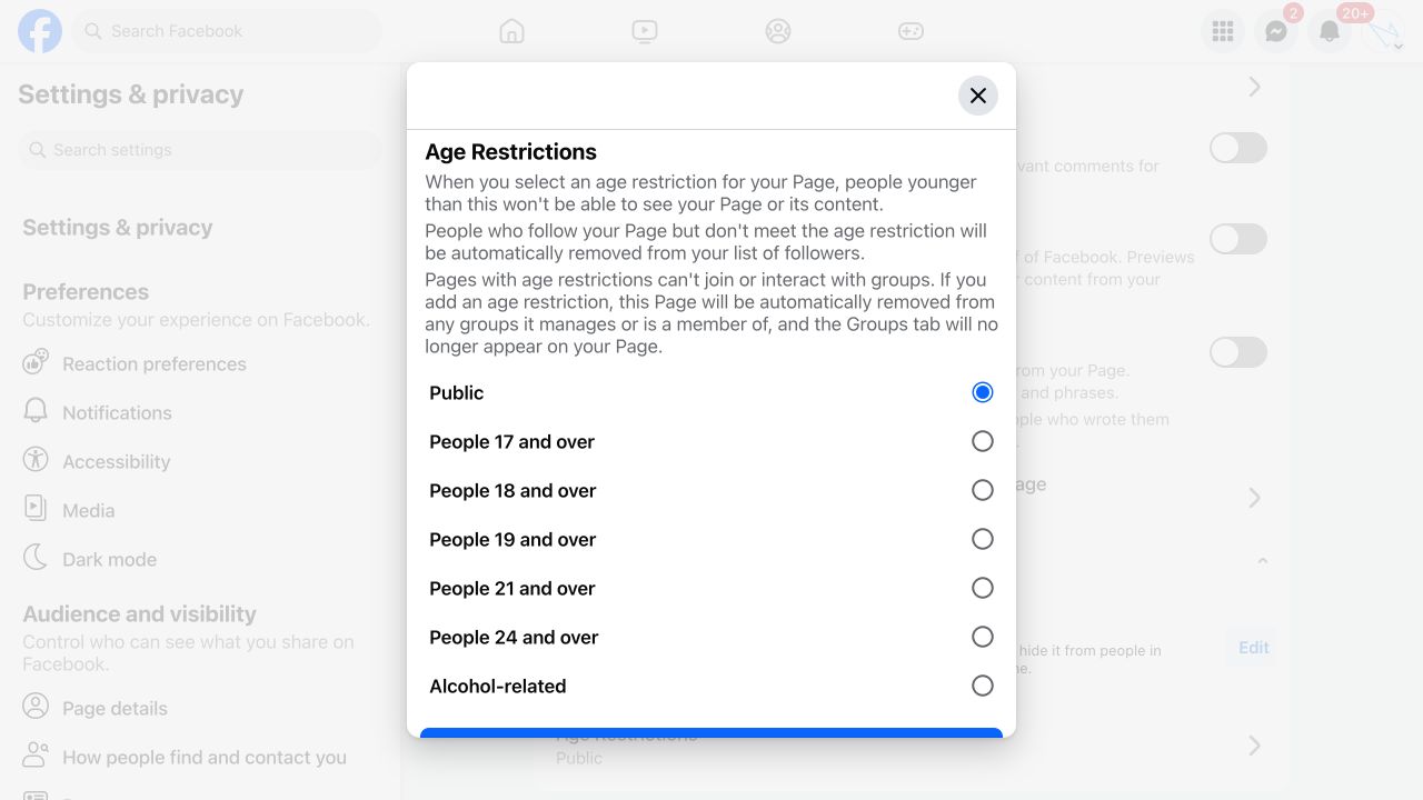 „Facebook“ puslapio amžiaus apribojimai
