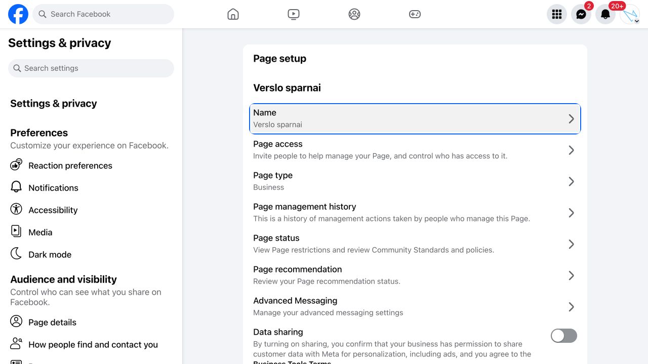 „Facebook“ puslapio „Page setup“ nustatymai