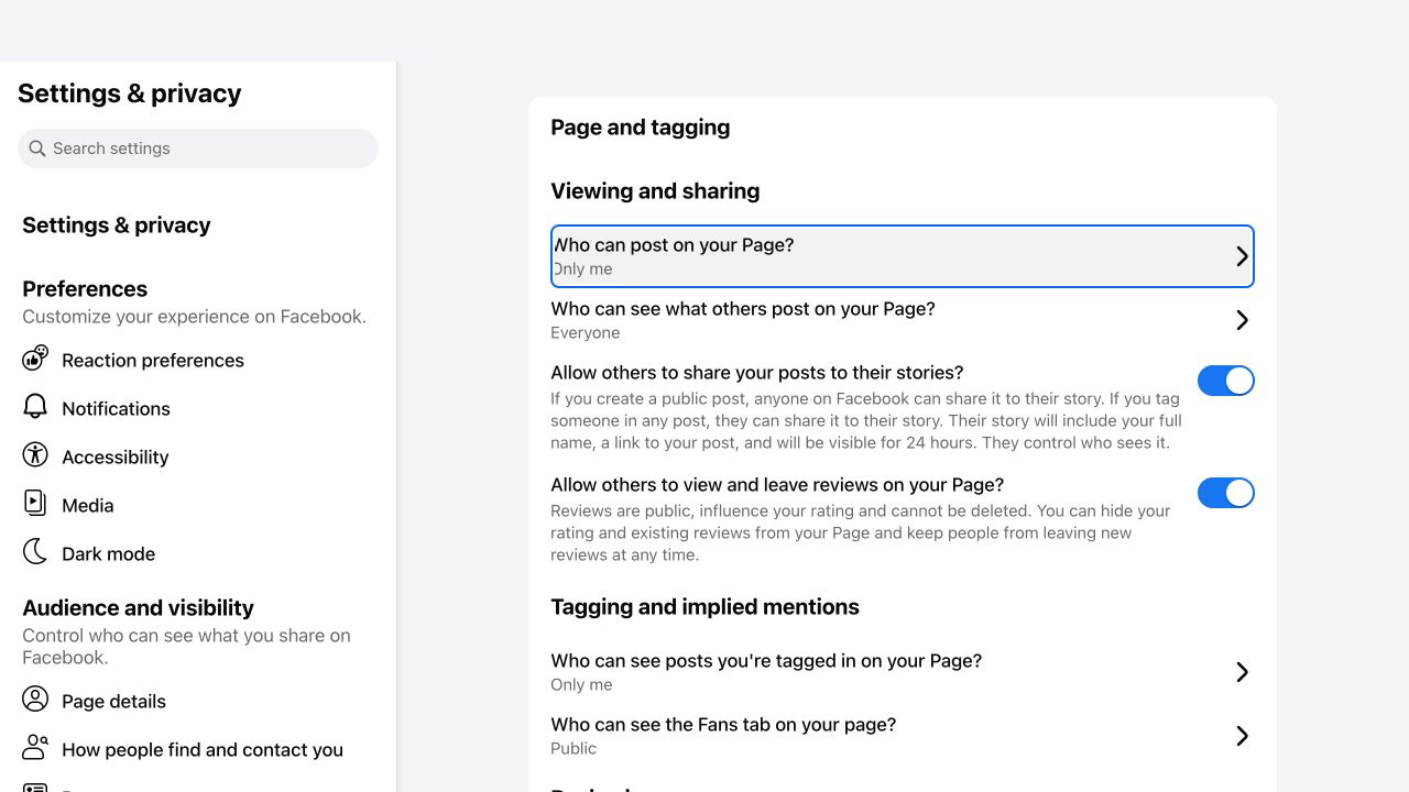 „Facebook“ puslapio žymėjimo nustatymai