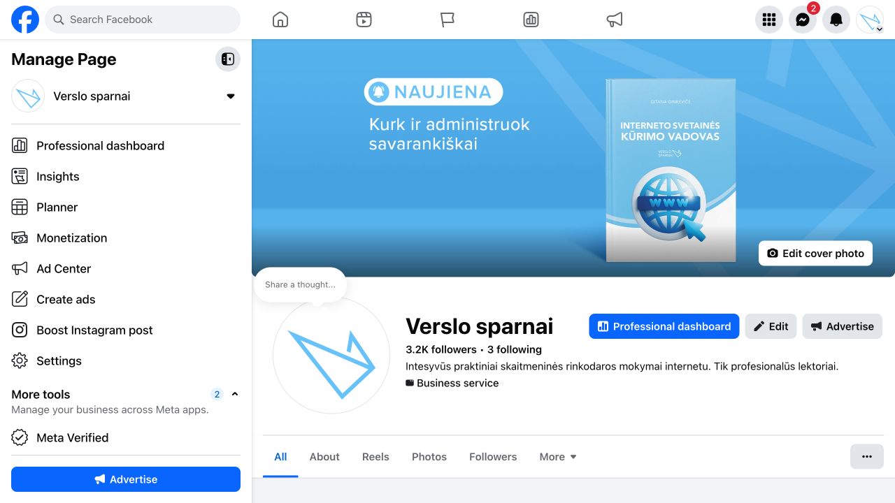 Dabartinis „Facebook“ puslapio profilis, BIO ir valdymo mygtukai